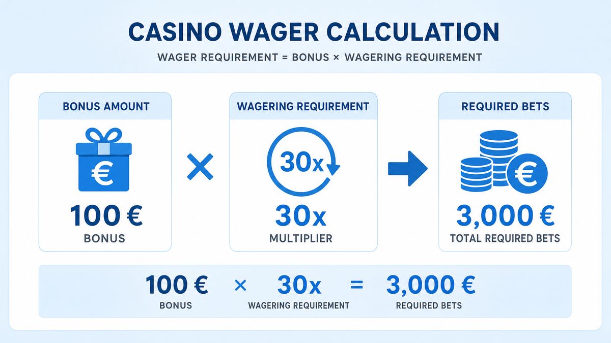 Schéma de calcul d'un wager casino : 100€ × x30 = 3000€ de mises obligatoires