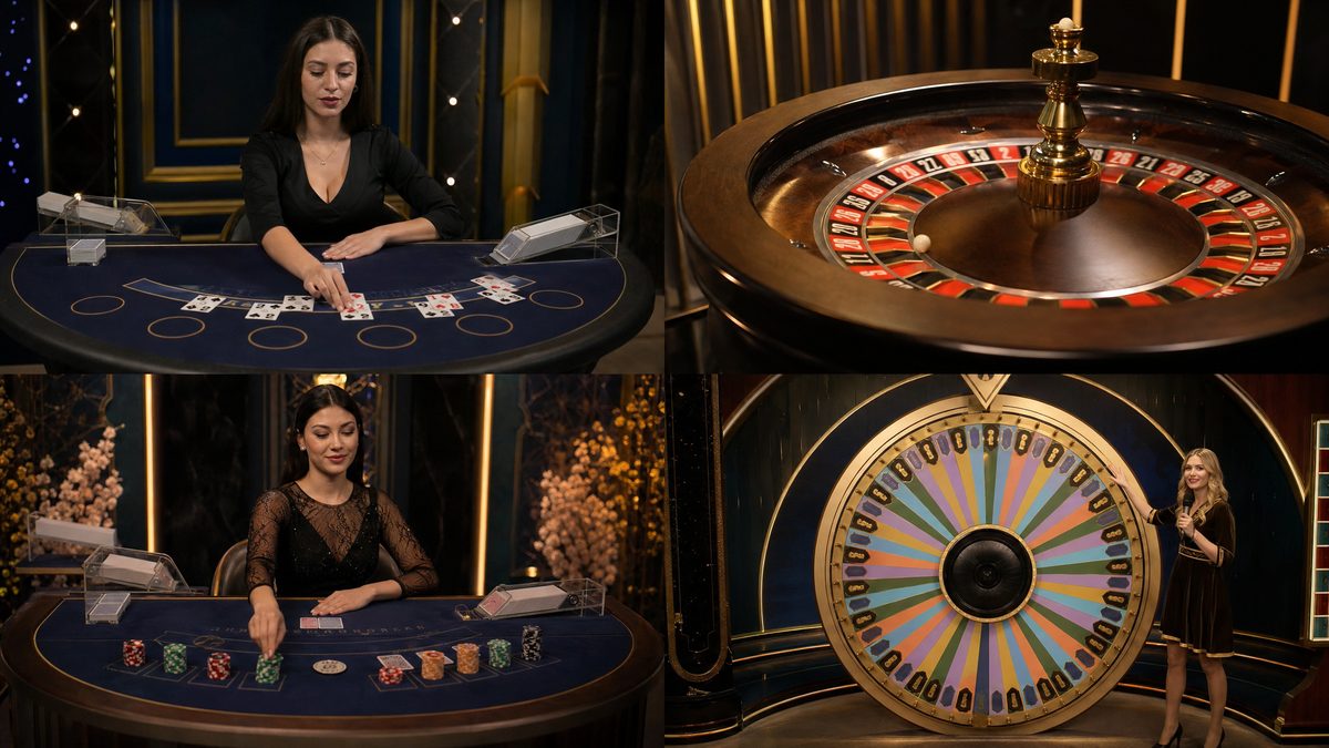 Quatre jeux de casino live en direct : blackjack, roulette, baccarat et game show Crazy Time