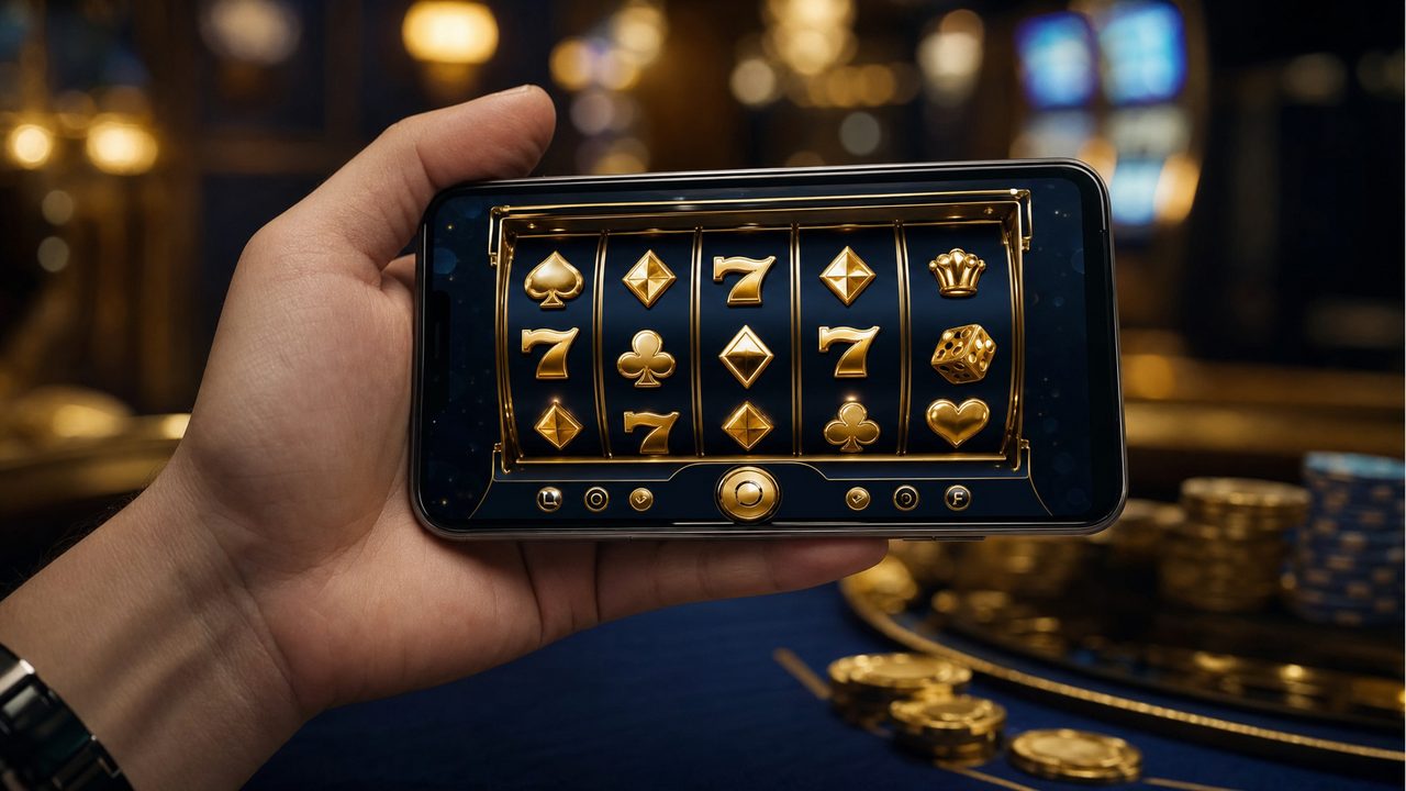 Casino mobile en ligne sur smartphone — interface sombre avec machines à sous dorées