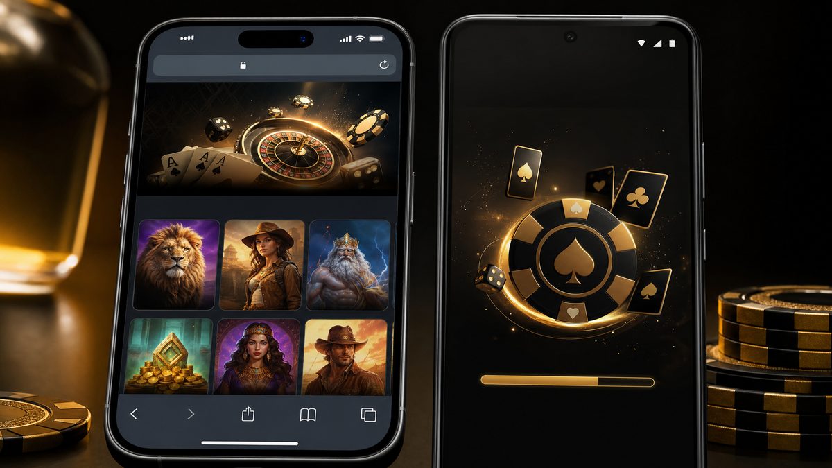 Deux smartphones iOS et Android affichant un casino mobile en PWA et navigateur Chrome
