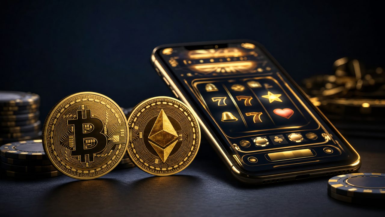 Bitcoin et Ethereum sur fond sombre avec interface casino mobile — casino crypto en ligne
