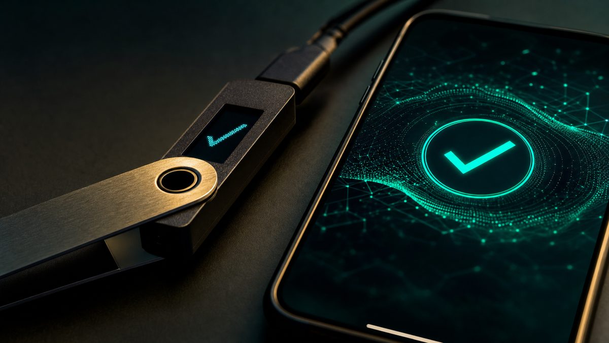 Hardware wallet Ledger et smartphone confirmant une transaction blockchain — casino crypto securise